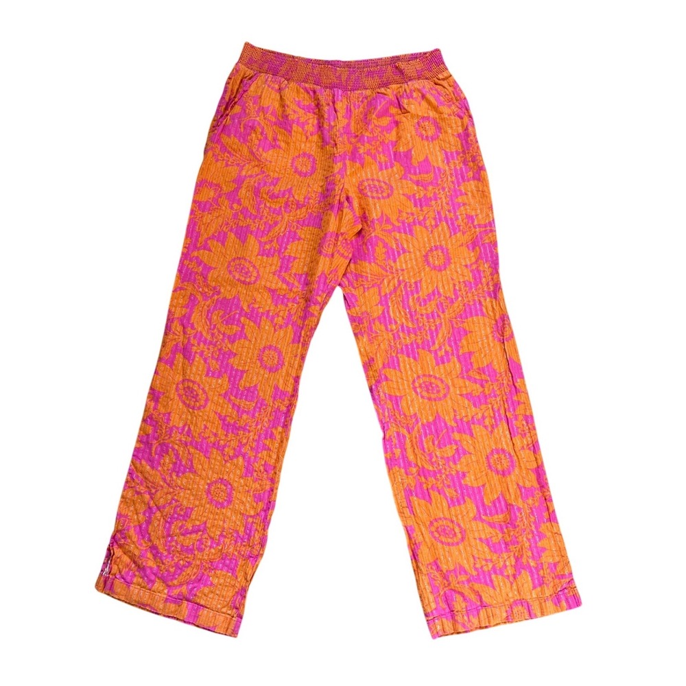 Silka Anthropologie wide leg Floral Metallic cotton Lurex Smocked Pants resort M